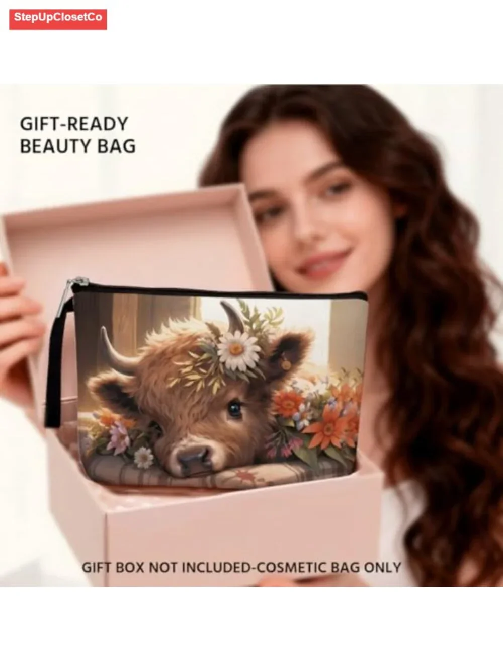 Highland Cow Floral Makeup Bag, Western Cosmetics Organizer Travel Pouch